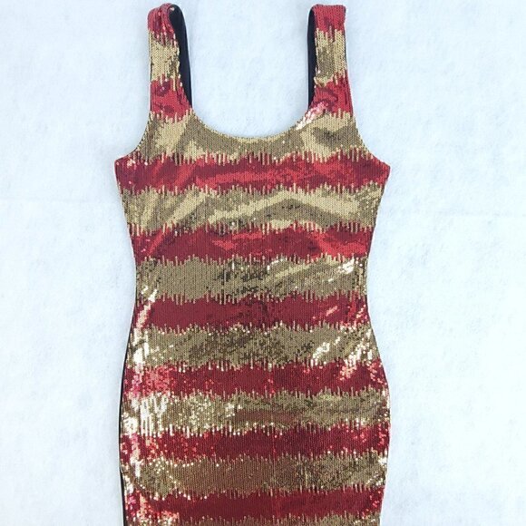 Codigo Burgundy, Gold, Sleeveless Zigzag Sequined Dress With Black Back Size Med - Picture 3 of 8